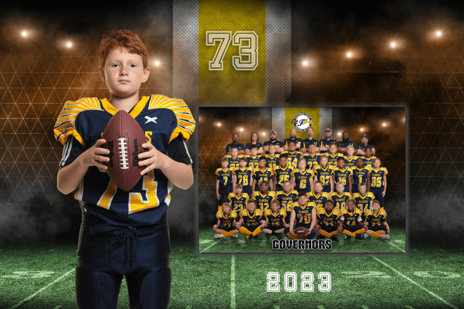 A football player smiling with his team for a group photo