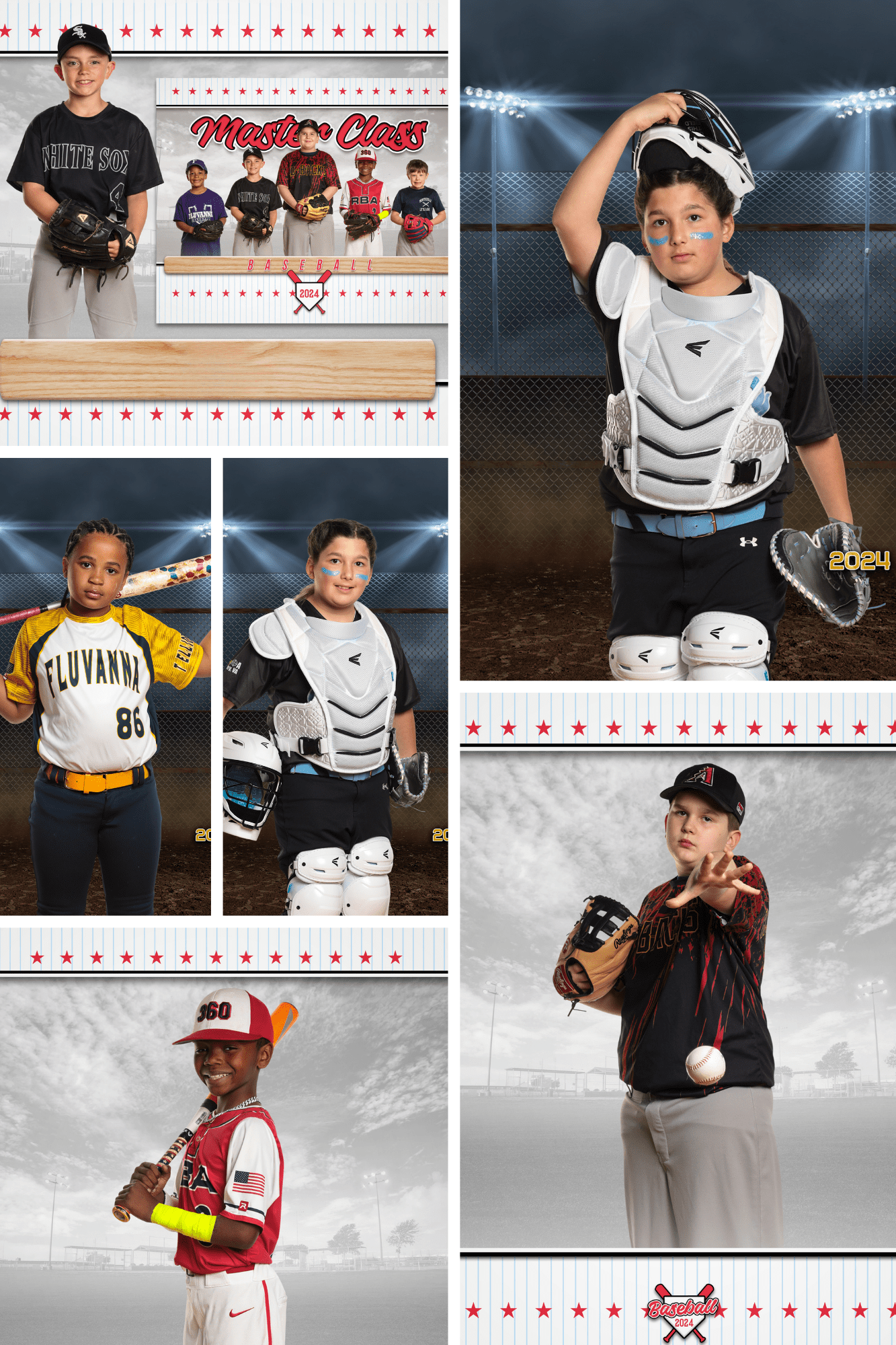 A collage of baseball players striking different poses in action-packed photos.