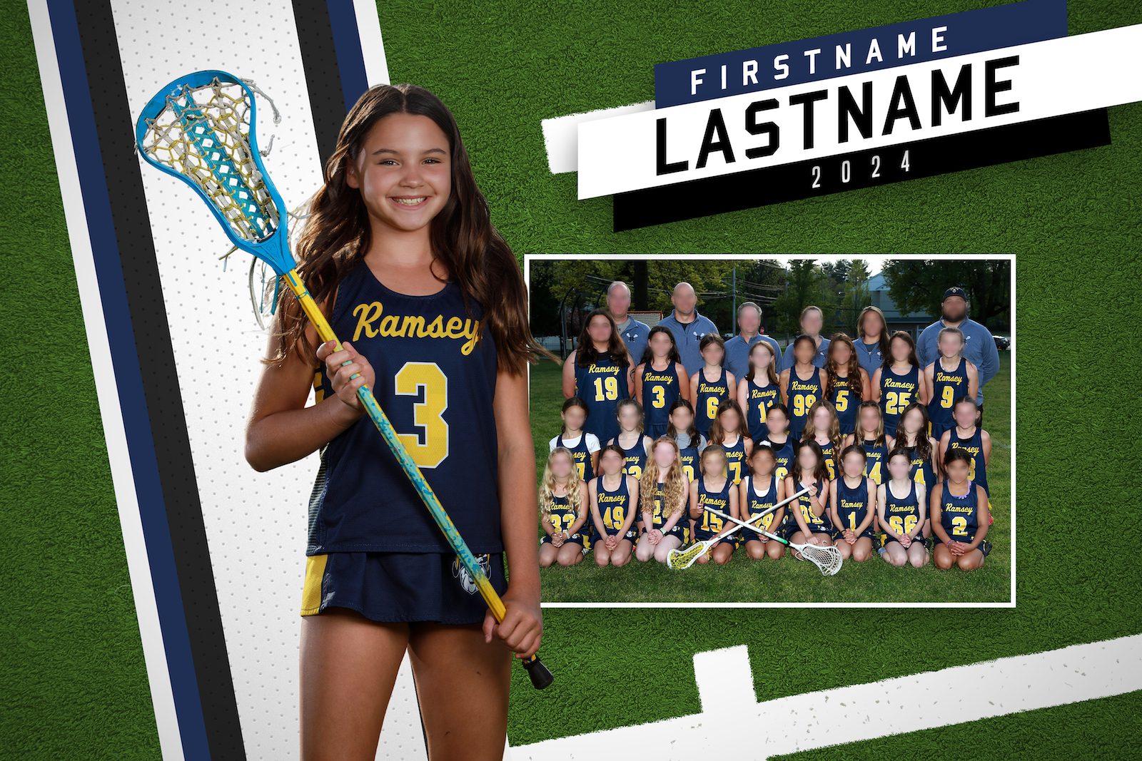 Smiling girl holding lacrosse stick with team photo in the background