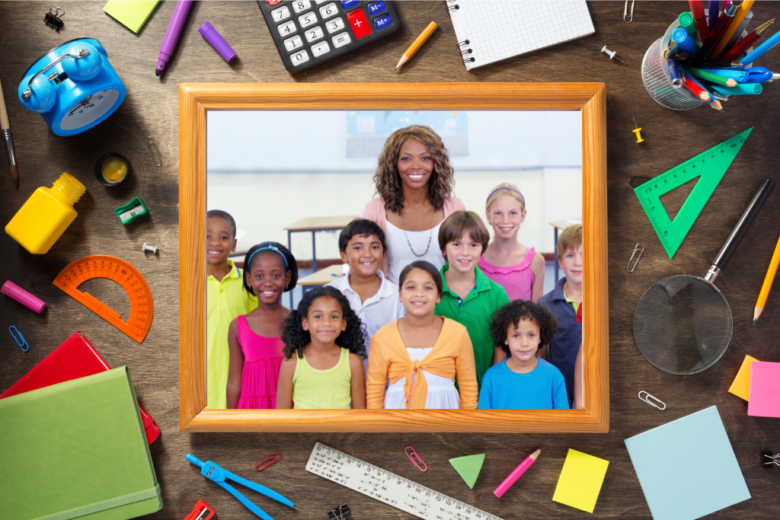 School children posing with their teacher, framed by school supplies, ideal for school photography tips.