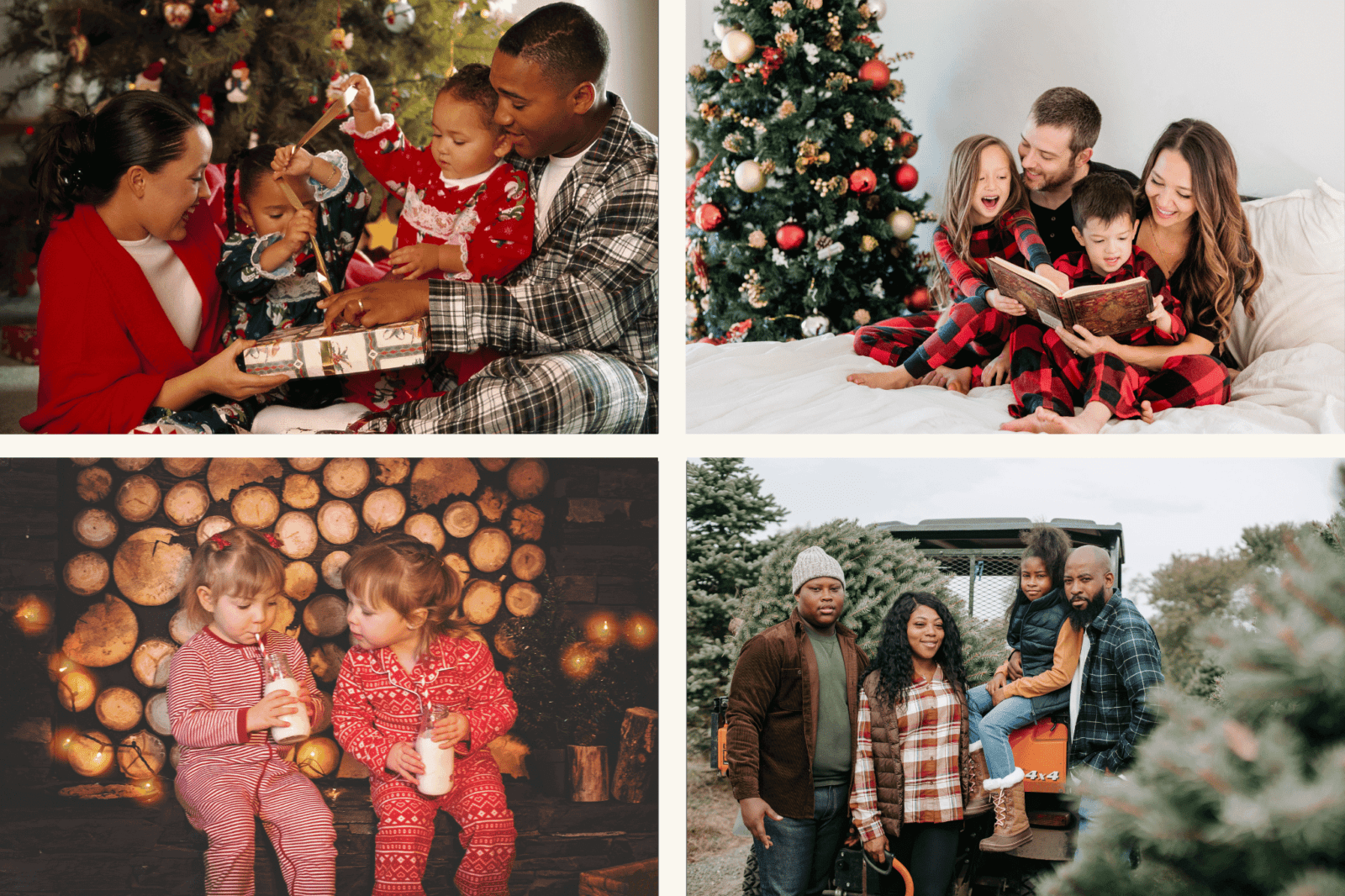 Collection of families and children posing in front of Christmas trees