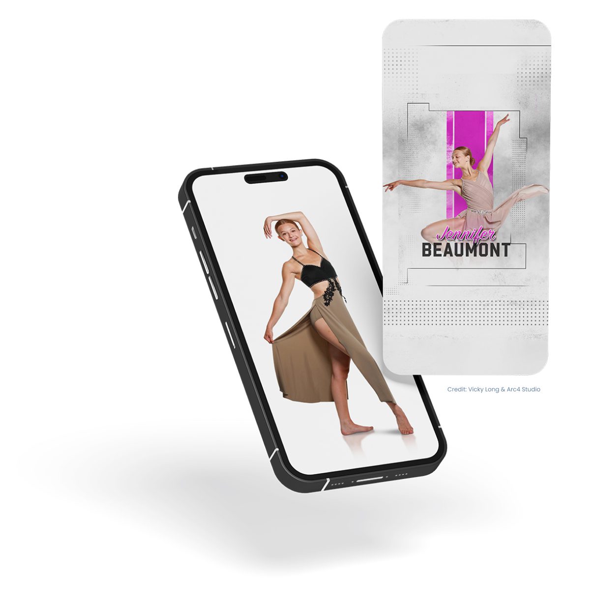 2 mobile screens showing a dancer in a Next Gen graphic