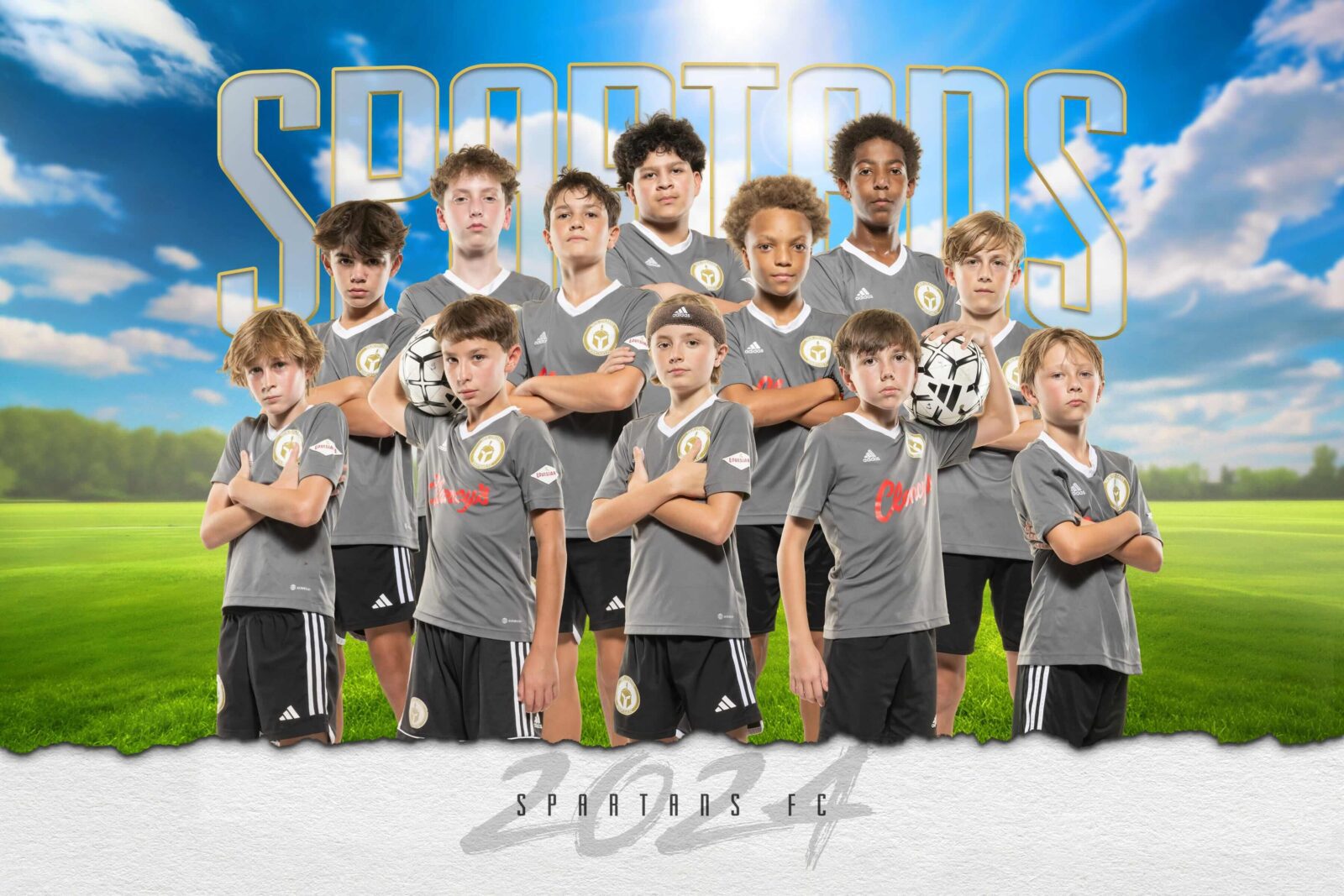 A youth soccer team poses riser style showcasing symmetry