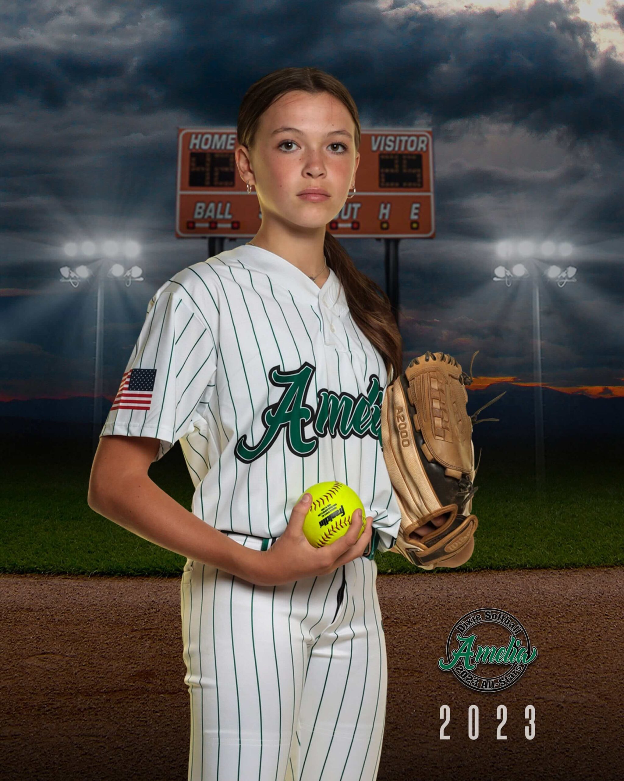 A youth softball player demonstrating a confident glove pose