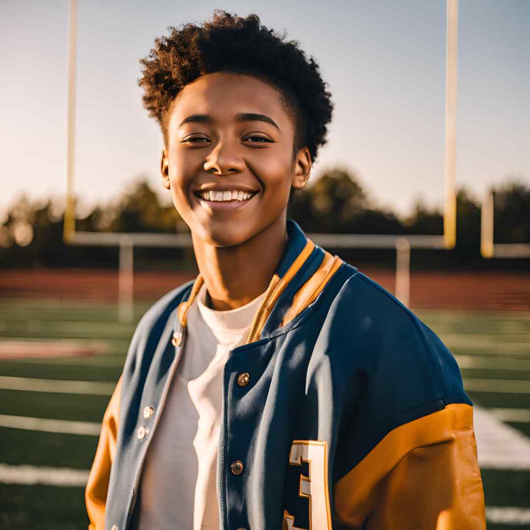 A high school senior in his letterman jacket poses on the football field